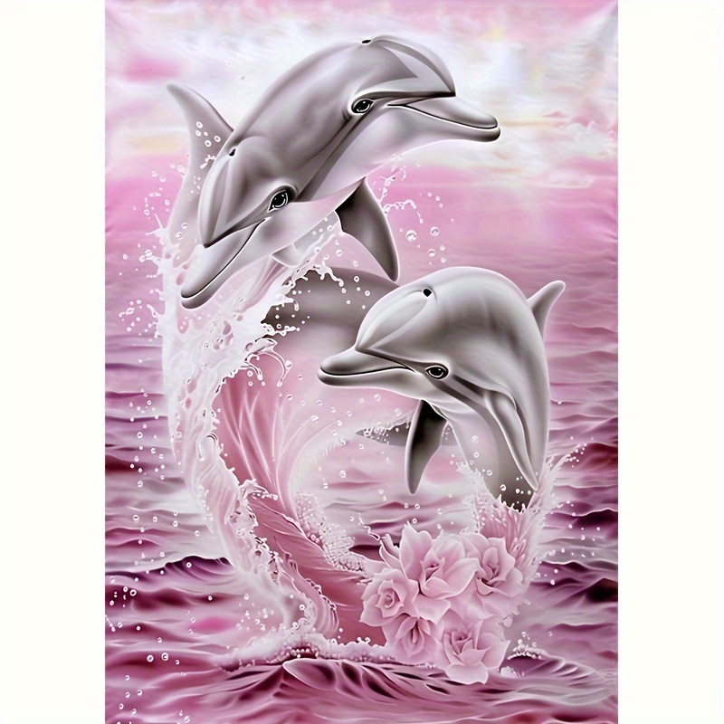 

Dolphin Diamond Painting Kit 40x50cm, 5d Round Diamond Art, Animal Themed Craft For Wall Decor, Canvas Diy Set With Tools For Adults, Frameless Mosaic Artwork For Bedroom & Living Room