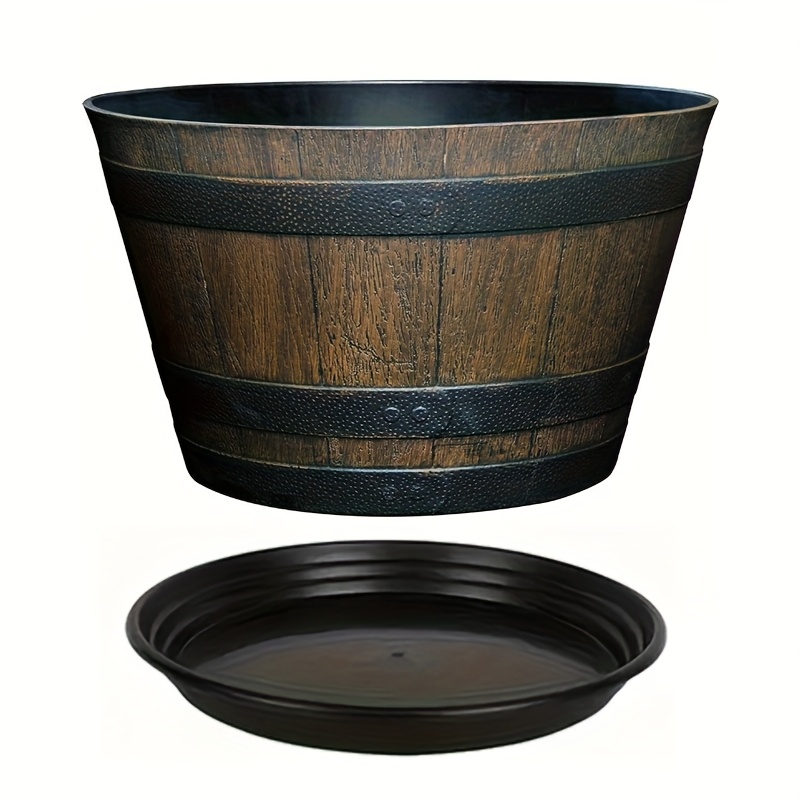 Image of Extra Large Whiskey -style Planter With Drainage Holes & Saucer - Durable Resin, Perfect For Indoor & Outdoor Gardens