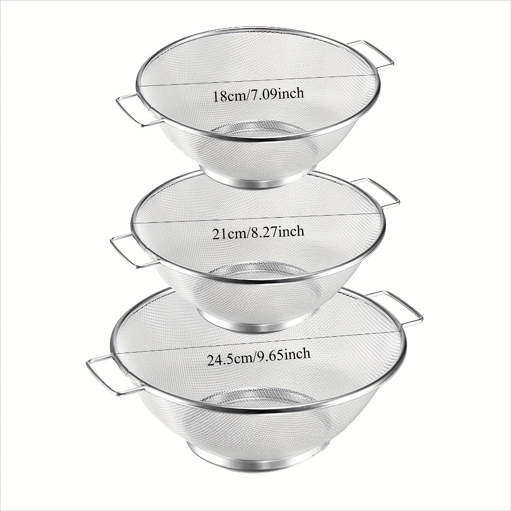 Image of 3pcs, Stainless Steel Drain Basket, Metal Colanders With Handle, Fine Mesh Colander, Colander Strainer For Kitchen Pasta, Vegetable, Rice, Fruit, Food, Kitchen Rice Washing Basin, Kitchen Accessaries