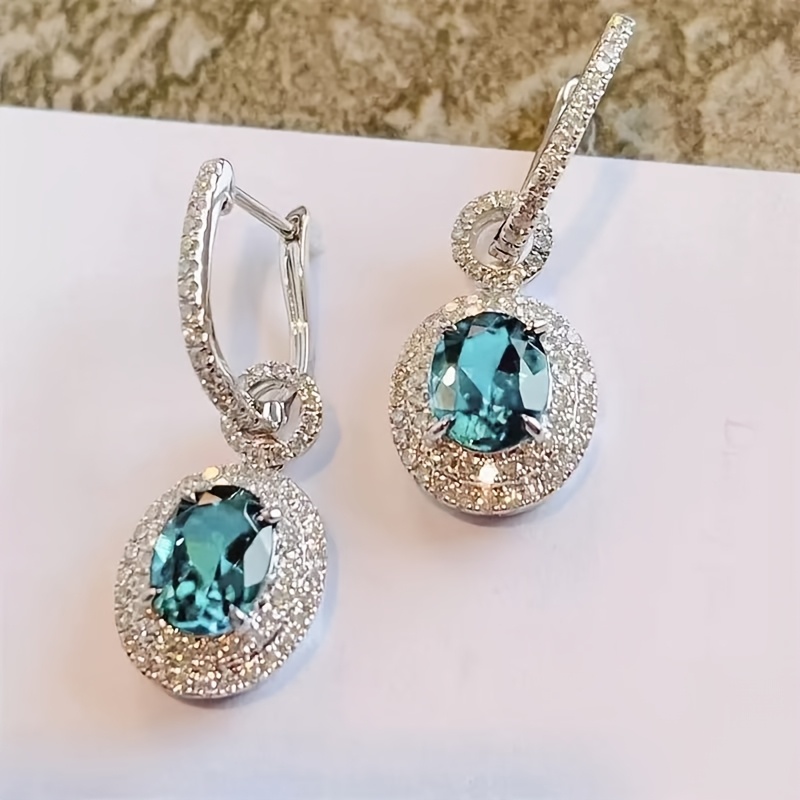 TEMU 1 Pair Earrings With Oval Blue Synthetic Zirconia, Women's Easy Elegant Classic Exquisite Fashionable Luxurious Individual All-match Beautiful