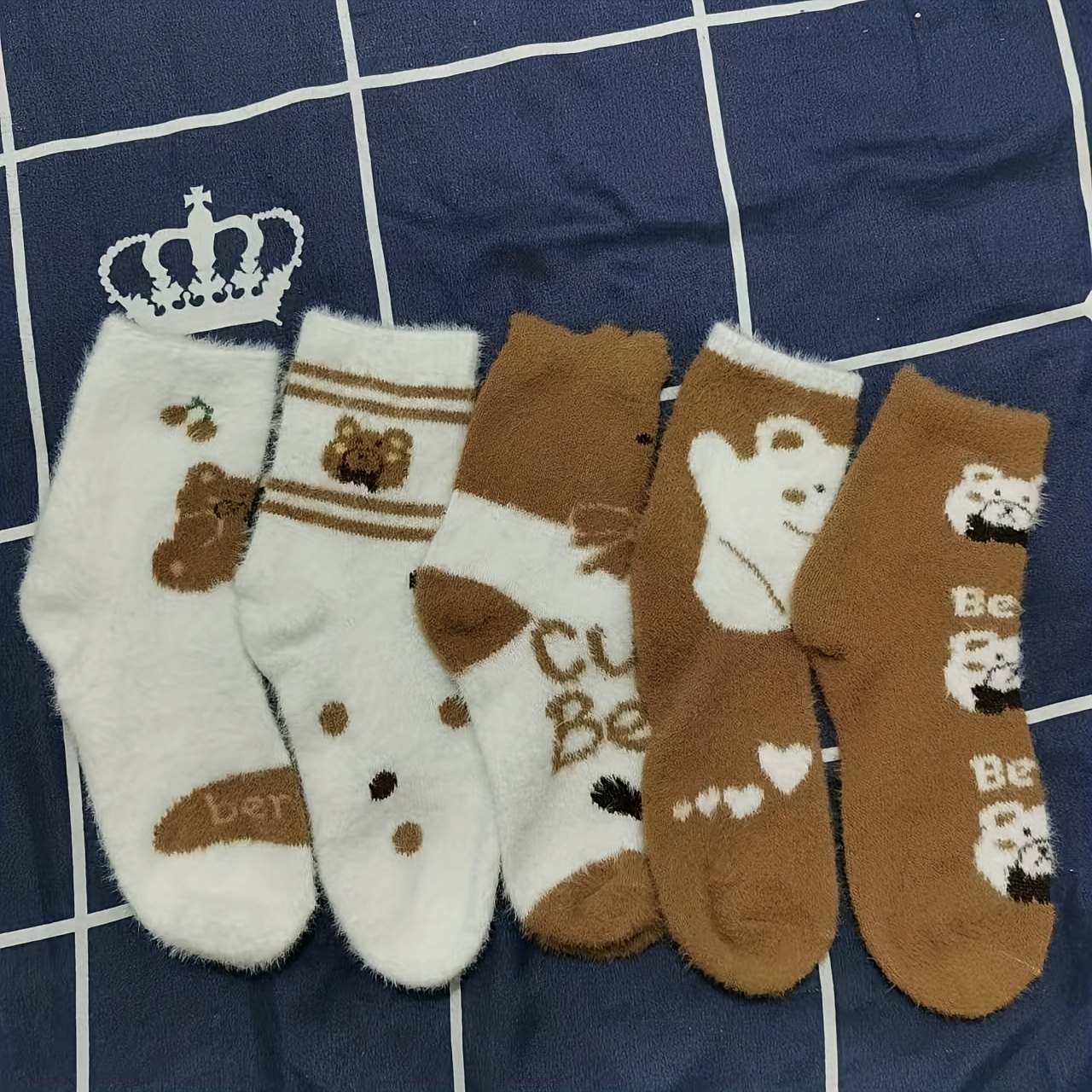 TEMU 5 Pairs Of Cartoon Bear Women's Autumn Winter Mid-tube Socks, Furry Coffee-colored Coral Velvet Breathable Socks, Essential Warm Floor Socks At