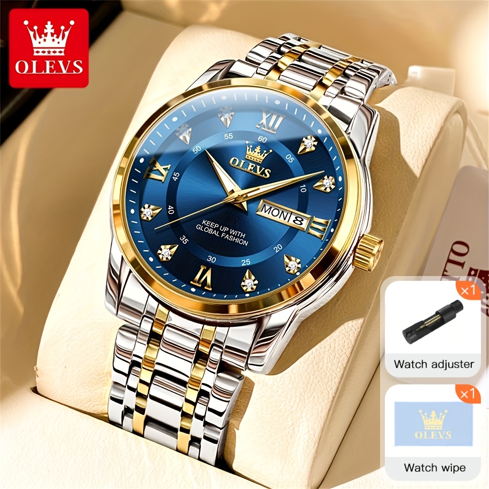 Olevs Men's Luxury Business Dress Watch With Rhinestones, Classic Fashion Quartz Stainless Steel For Men, Luminous Elegant Wristwatch, Ideal Romantic Gifts, In Blue//golden Dial