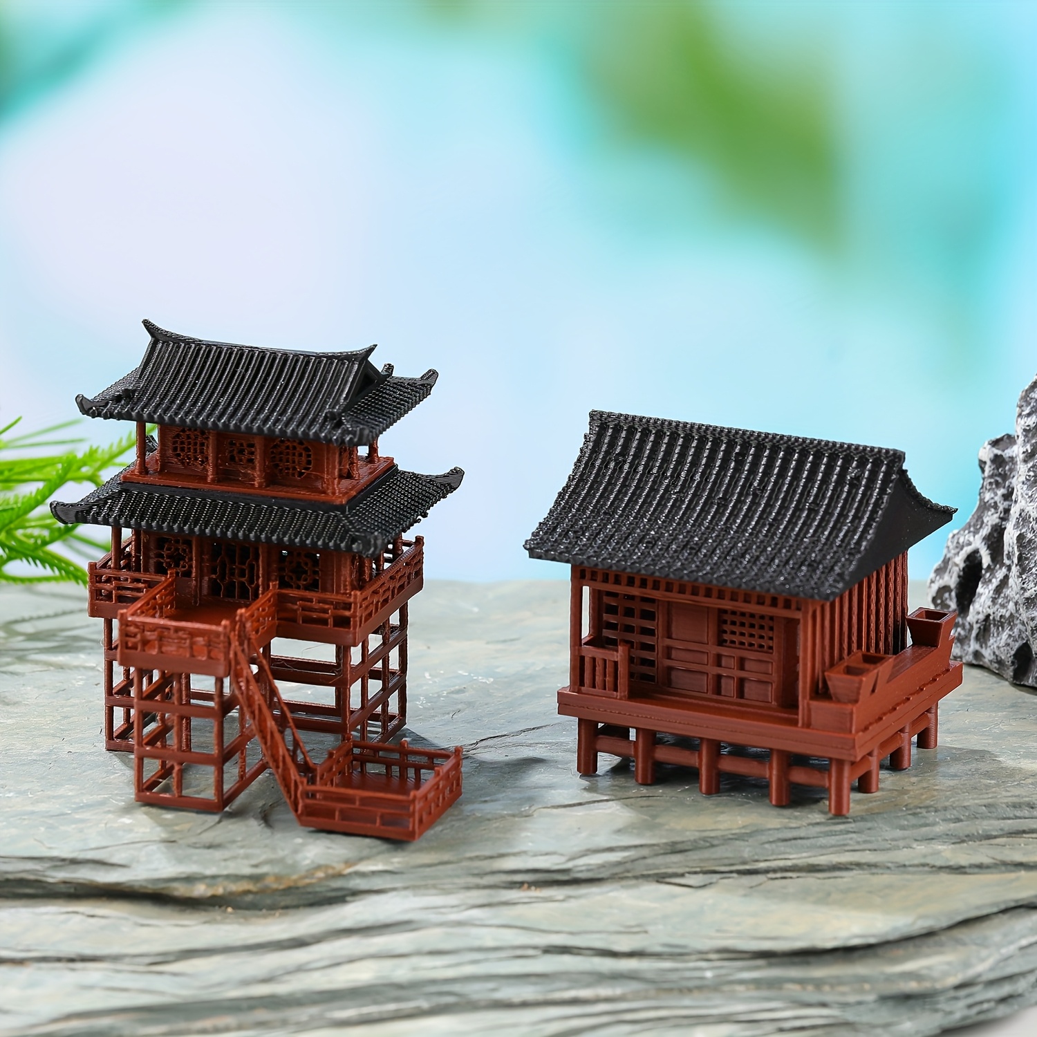 TEMU 2pcs Ancient Chinese Architecture Miniature Landscapes - Traditional , Bridges & Rockeries Decorations With Intricate Roof Designs, Durable