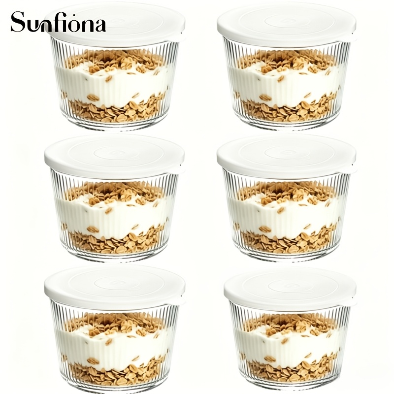 TEMU Sunfiona 4/6/8pcs Set Of Small Covered Glass Bowls, 6.8oz., Clear Ribbed Glass Containers, Stackable, Suitable For Desserts, Puddings, Sauces,