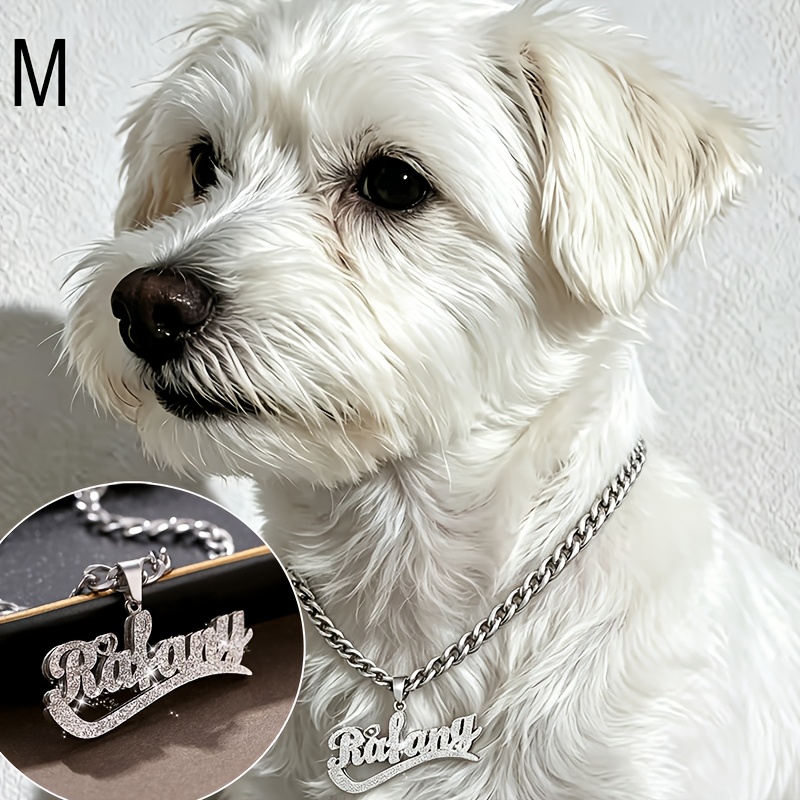 TEMU Custom Name Double-layer Dog Collar Stainless Steel Cuban Chain Double-layer Design Personalized Heart 3d Nameplate Bling Bling Pendant Fashion