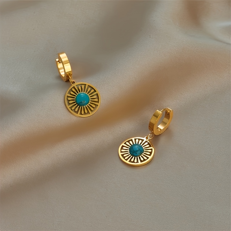Vintage Stainless Steel Turquoise Sunburst Coin Pendant Earrings