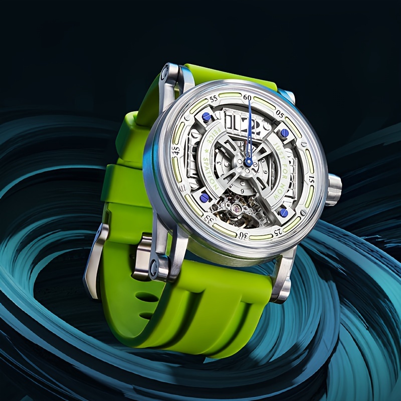 

Brand No Dome Space Station Concept Models Luminous Trend Curved Men's Watches Automatic Mechanical Watches Skeleton Dial Fluorescent Green Silicone Strap Waterproof High-end Watches