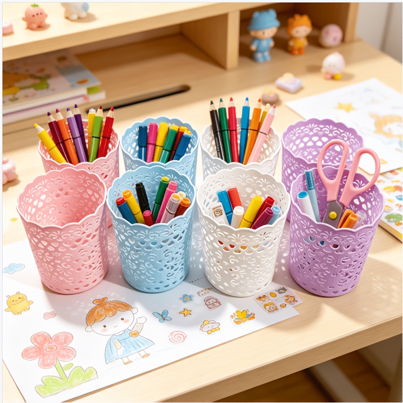 TEMU 8pcs Cute Small Hollow Heart Cutout Storage Holder Set, , 2 Blue, 2 White, 2 Purple, Multi-use Desktop Organizer, Tabletop Decor, Birthday Gift