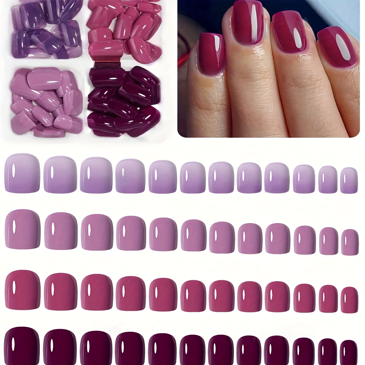 Image of 96pcs Of Short Square Full-coverage False Nails, , Women' Color Artificial Nails In Purple + Muted Pink Series, Perfect For Parties, Holidays, And Occasions, Easy To Apply And Reusable
