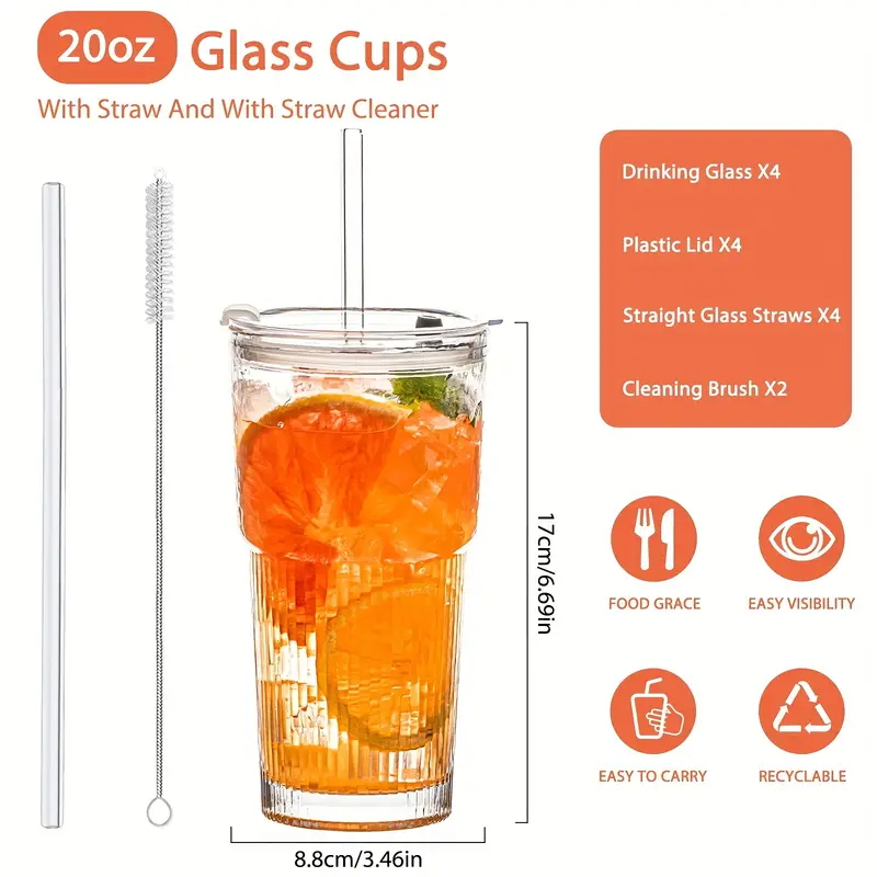 glasses with lid and straw 4 2pcs stylish ribbed design drinking cups for iced coffee cups juices smoothies cold drinks cleaning brushes included durable glassware Product details 2