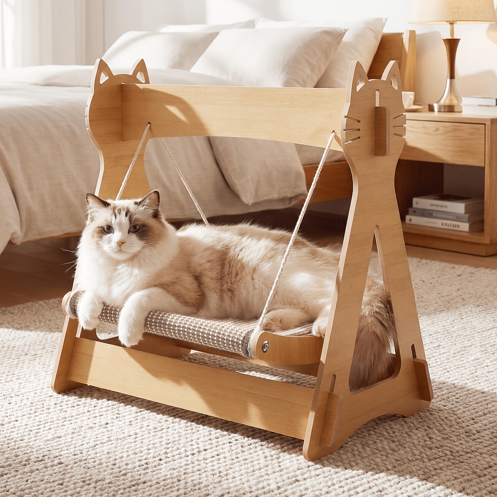 Image of Pet , Large Swing-style Cat Bed With Soft Cushion For Comfortable Lounging, Stable Anti-tip Curved Base, Natural , Indoor Cat Leisure Rocking Furniture