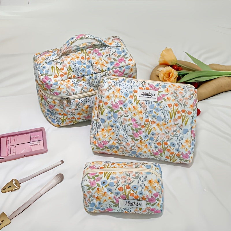 E-shop 3-teiliges Set mit Blumenmuster-Kosmetik- Make-up- – Großes Fassungsvermögen, Leicht & mit Reißverschluss Griff oben, Pastell- leuchtende Farben