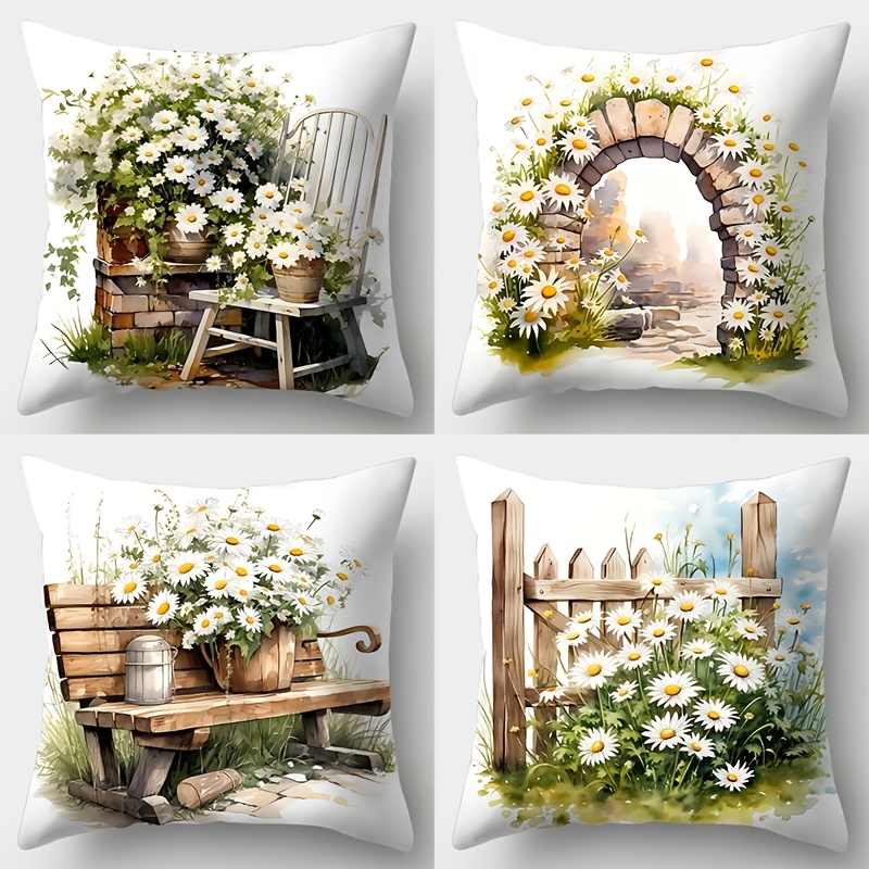 

4pcs Set, Sofa Pillowcase, Daisy Pillowcase, 17.7" X 17.7", Single-sided Print, Home Decoration, Sofa Lumbar Cushion Cover, Pillowcase Without Pillow Core