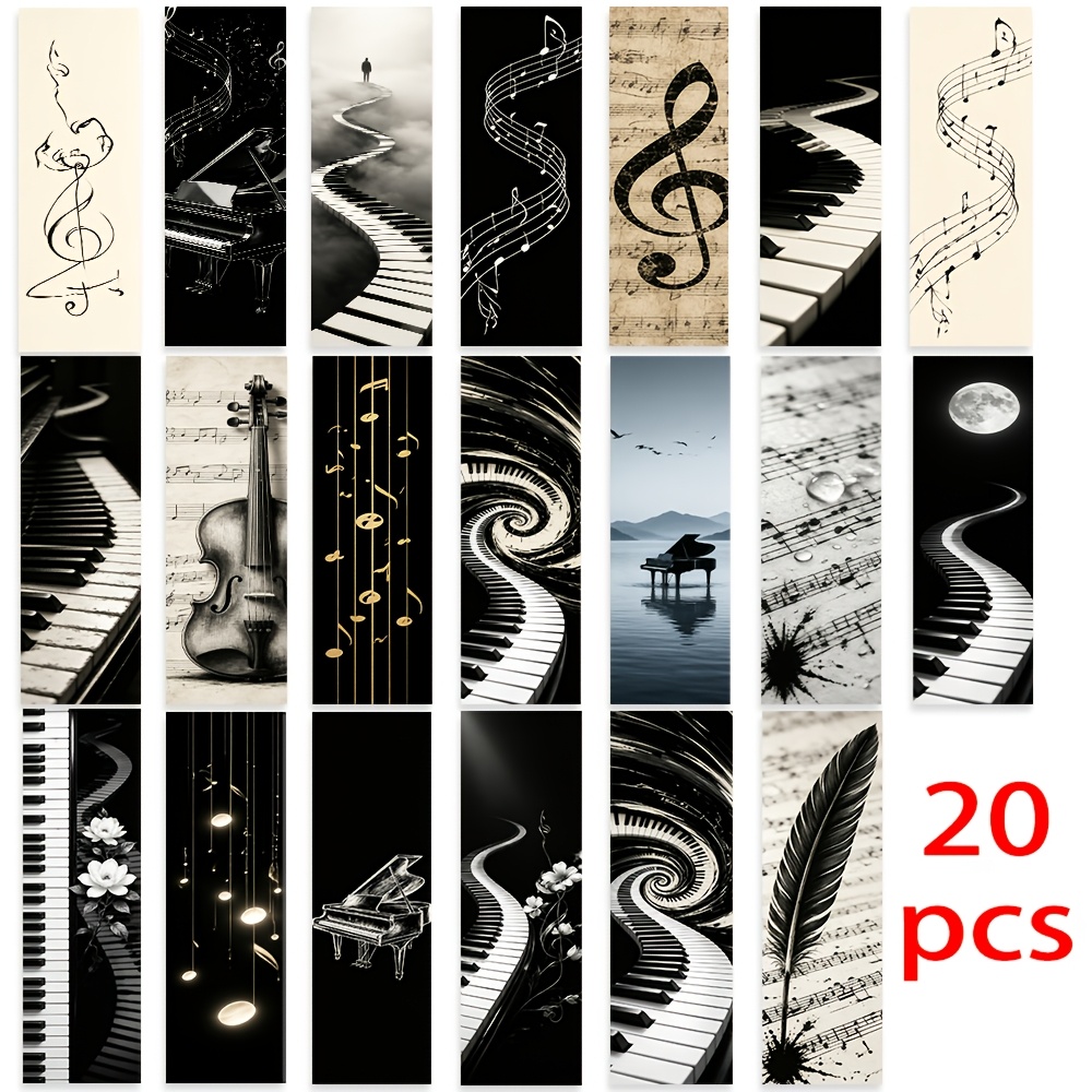 TEMU 20pcs Bookmark Set Suitable For Book Lovers - Music & Piano/violin Themed Bookmarks With Color-coded Page Separators, 2d Printed Black & White