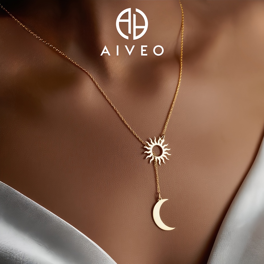 E-shop Hochwertige goldene Damen-Sonnen- und Mond-Halskette aus Edelstahl, lichtecht, einfach und elegant, modische Damenanhänger für den oder Partys,