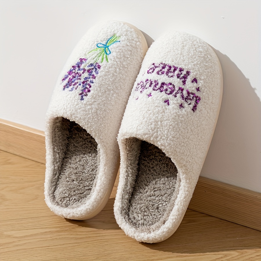 Lavender Rosemary Floral Print Plush Corduroy Slip-On Slippers Non-Slip  TPR Sole, Cozy Winter Indoor House Shoes for Men Women, Unisex Couples G