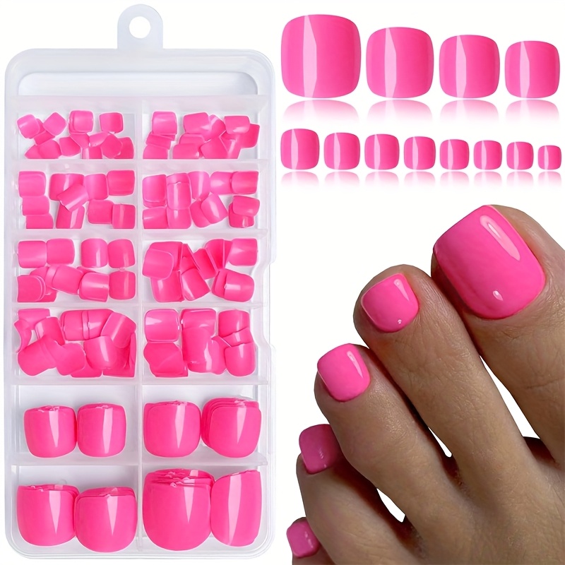 Image of 120pcs Colored Press On Toenails Full Cover Fake Toe Nails Glossy Short Square False Toenails Women Artificial Pedicure Tips Artificial Fake Toenails-hot Pink
