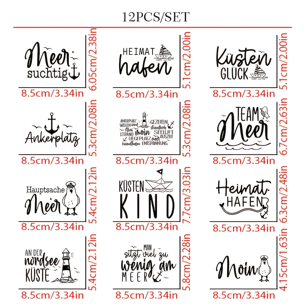 E-shop 12 Stück Deutsche Leuchttürme und maritime Sprüche Aufbügler Aufkleber, waschbar und hitzebeständig, geeignet für T-Shirts, Masken, Jeans und