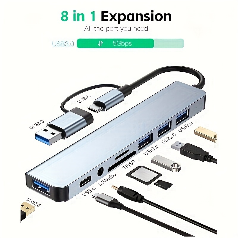 

8 In 1 Usb , With 4 Usb Ports, 1 Usb-c Port, Tf/sd Card Reader, Audio Output, Compatible With Tablet/laptop/mobile Phone