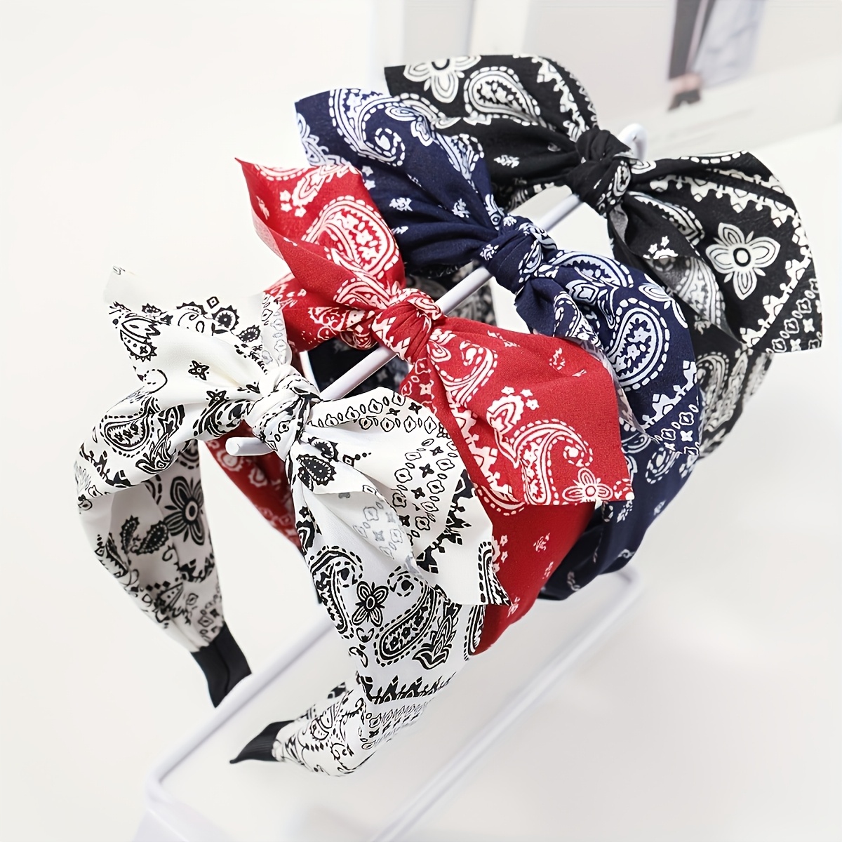 A Set Of 4pcs, Women's Paisley Print Bow Wide-brimmed Hair Additions Headband, Fashionable Bohemian Style, Suitable For Daily Wear