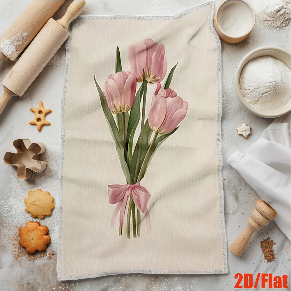 TEMU 2d/flat 2pcs, Kitchen Towels, Hand Towels, Dishcloths, 3 Pink Tulip Bouquets Microfiber, Moisture-absorbing, Quick-drying, Machine Washable,