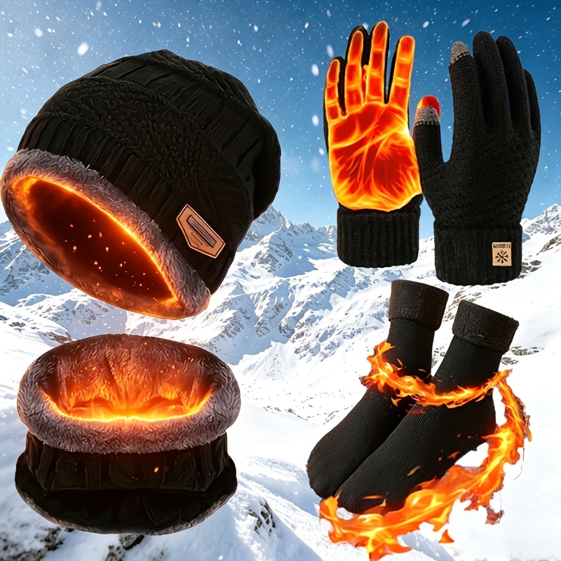 TEMU Men's Winter Hat, Scarf, Gloves, And Socks Set - Warm Hat, Fleece Neck Warmer, And Touchscreen Gloves, Extra-thick And Warm Additions, Suitable