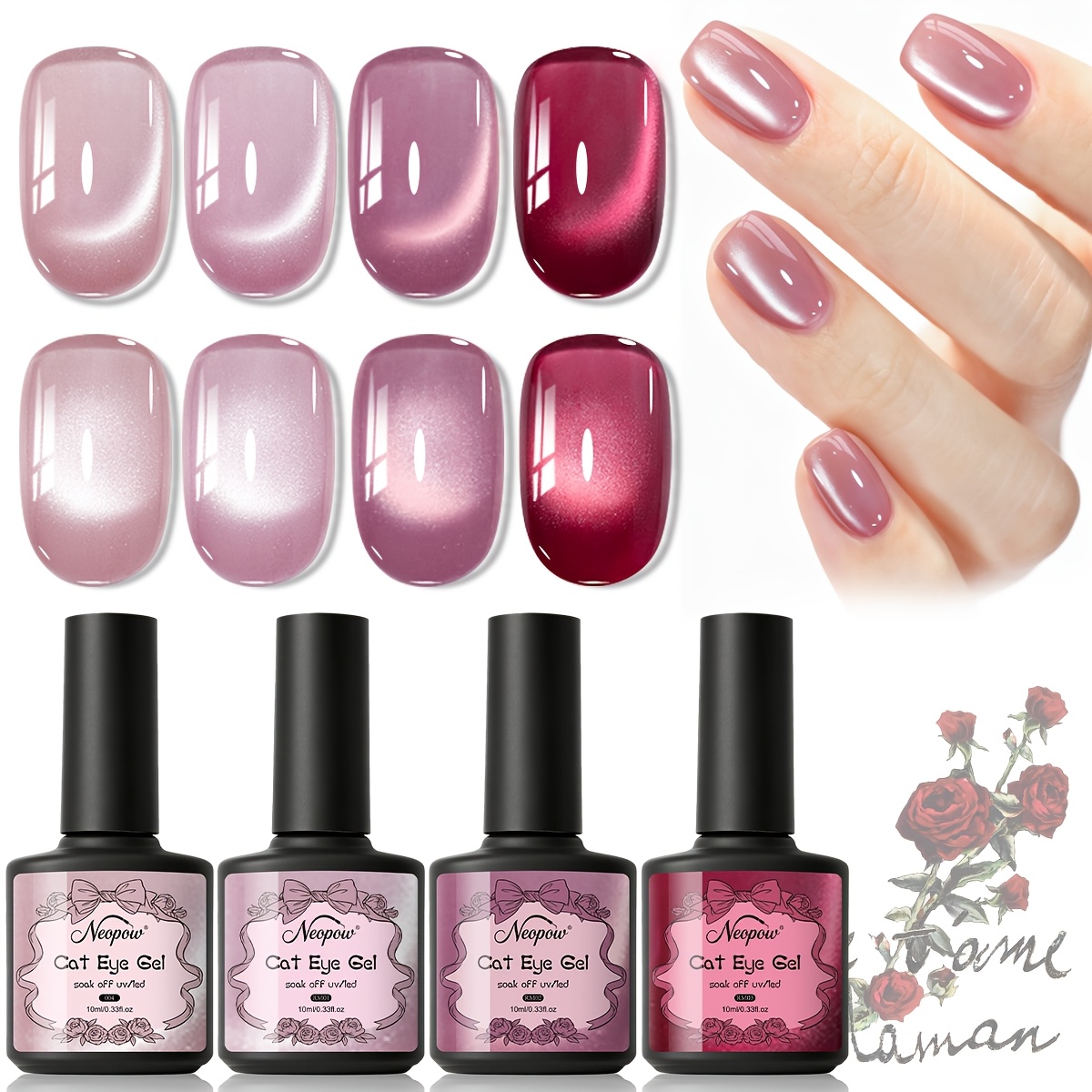 Image of 4pcs Rose Cat Eye Gel Polish Set, Nude-tone Rose-red Cat-eye Gel Nail Polish, Soak Off Led Gel Nail Kit For Home & Salon