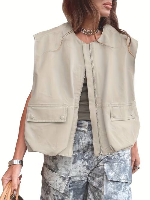 womens casual crew neck zip up vest polyester 100 solid color lightweight woven sleeveless with pockets oversized jackets top for spring summer fall regular length