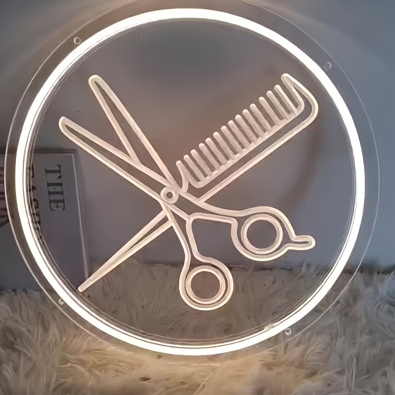 TEMU 1pc Lampe Néon , Enseigne Murale Décoration Salon de Beauté, Lampe Néon Coiffeur, Lampe Murale LED Coiffeur, Peigne et Ciseaux Alimentés par USB