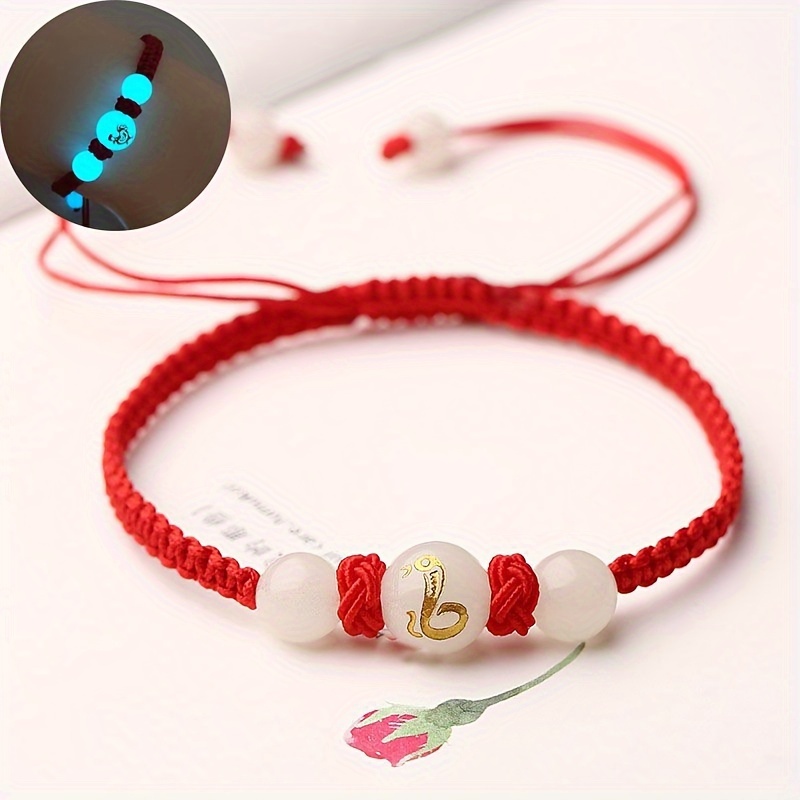 

1pc Vintage Chinese Zodiac Snake -the-dark Beaded Braided Bracelet - Ideal New Year Gift & Accessory For Women, Polyester Fiber Stone Beads