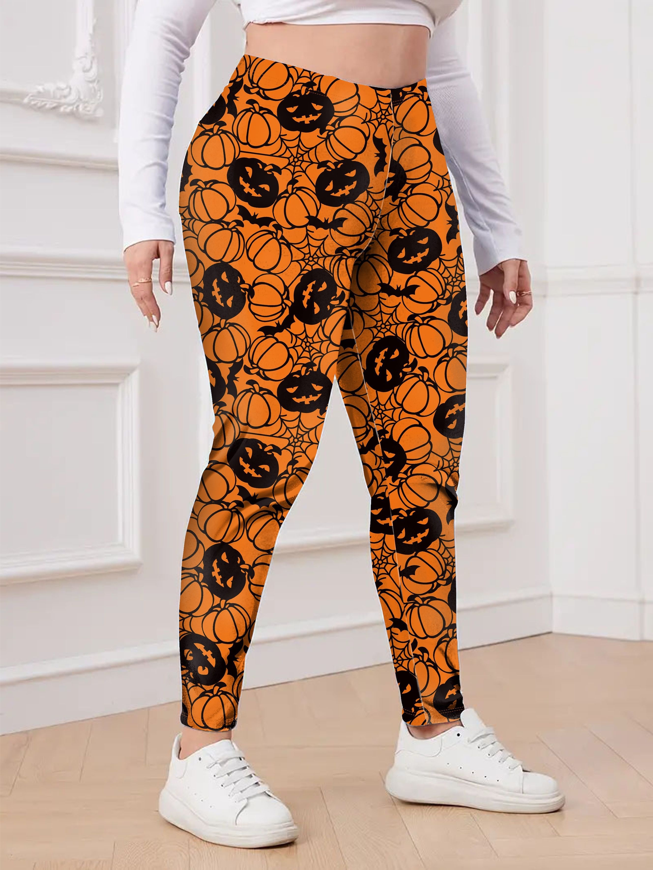 Plus Size Halloween Leggings, Women's Plus Allover Funny Pumpkin Print High  High Stretch Party Leggings