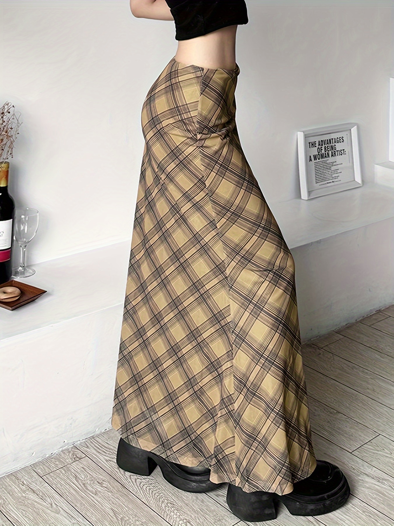 Women's High Waist Plaid Maxi Skirt - Plus Size A-Line Pleated Fall Winter Office Skirt With Pockets