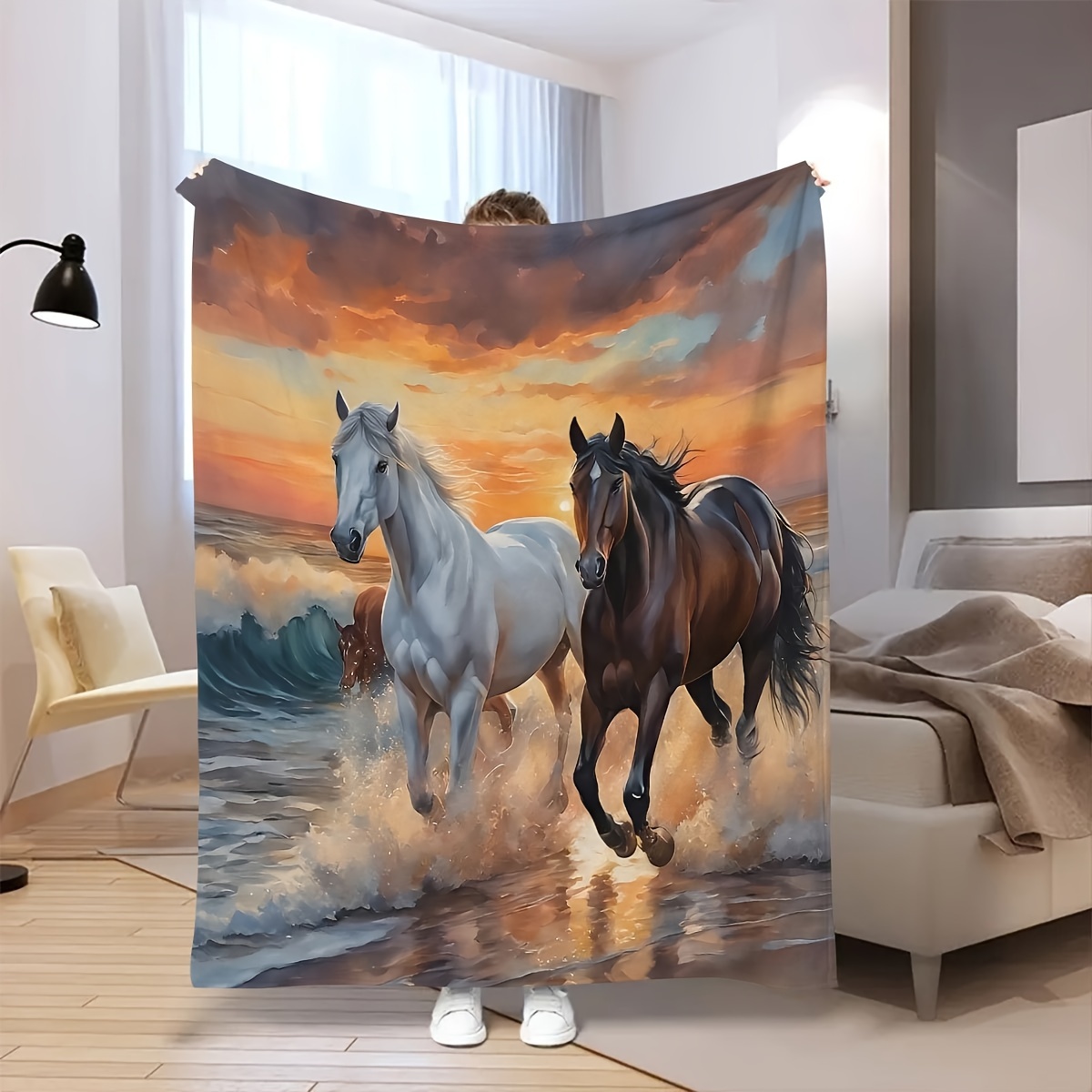 

Contemporary Flannel Blanket 2 Horses - Knitted For Sofa, Bed, , And - Washable Theme Blanket