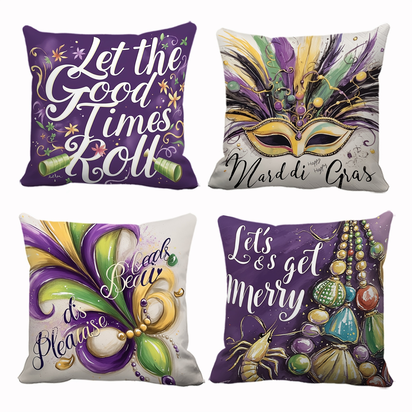 

Mardi Gras Celebration 4pcs Throw Pillow Cover Set - Iris, Shrimp & Mask Designs - Soft Polyester, Zip Closure - Home & Outdoor (covers Only), Party Decorations, Single-sided Printing, Without Pillow