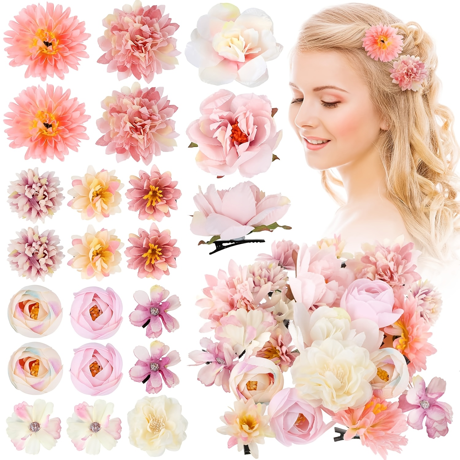 E-shop 21-teiliges Elegantes Boho-Blumen Haarspangen- & Broschen-Set - Lebendige Rosen- und Pfingstrosen-Designs, Vielseitige -Clips & Haarspangen für