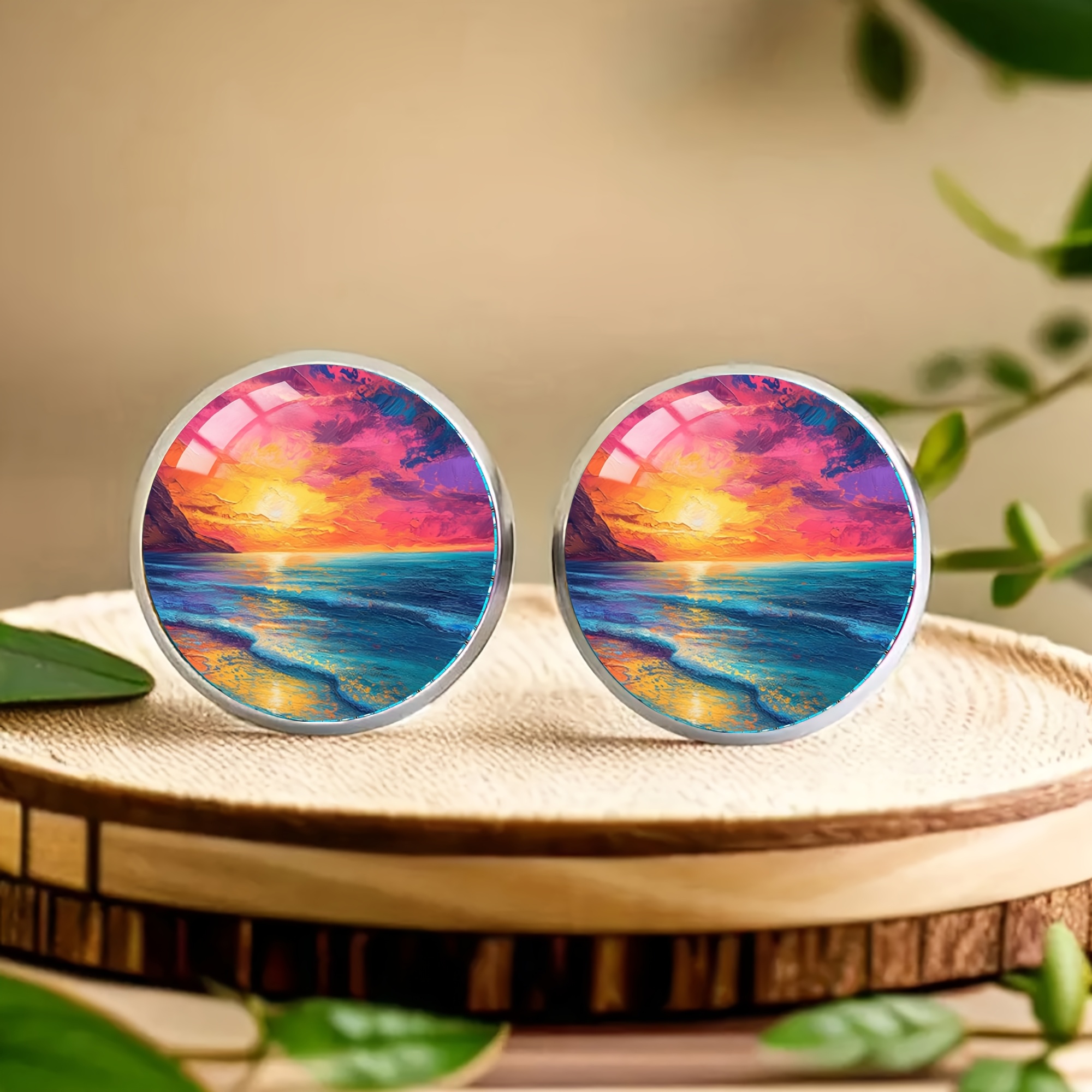1 Pair Of Sunset And Ocean Waves Stainless Steel Stud Earrings, Elegant Ocean-themed Jewelry For Men And Women' Wear