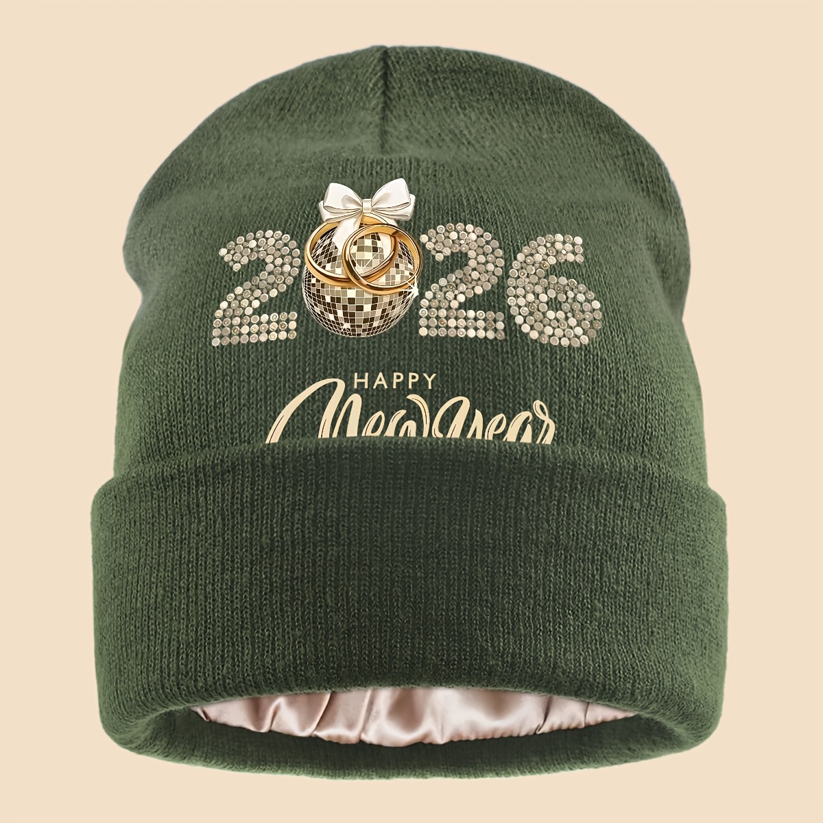2026 New Year Printed Knit Beanie Hat, Golden Lettering
