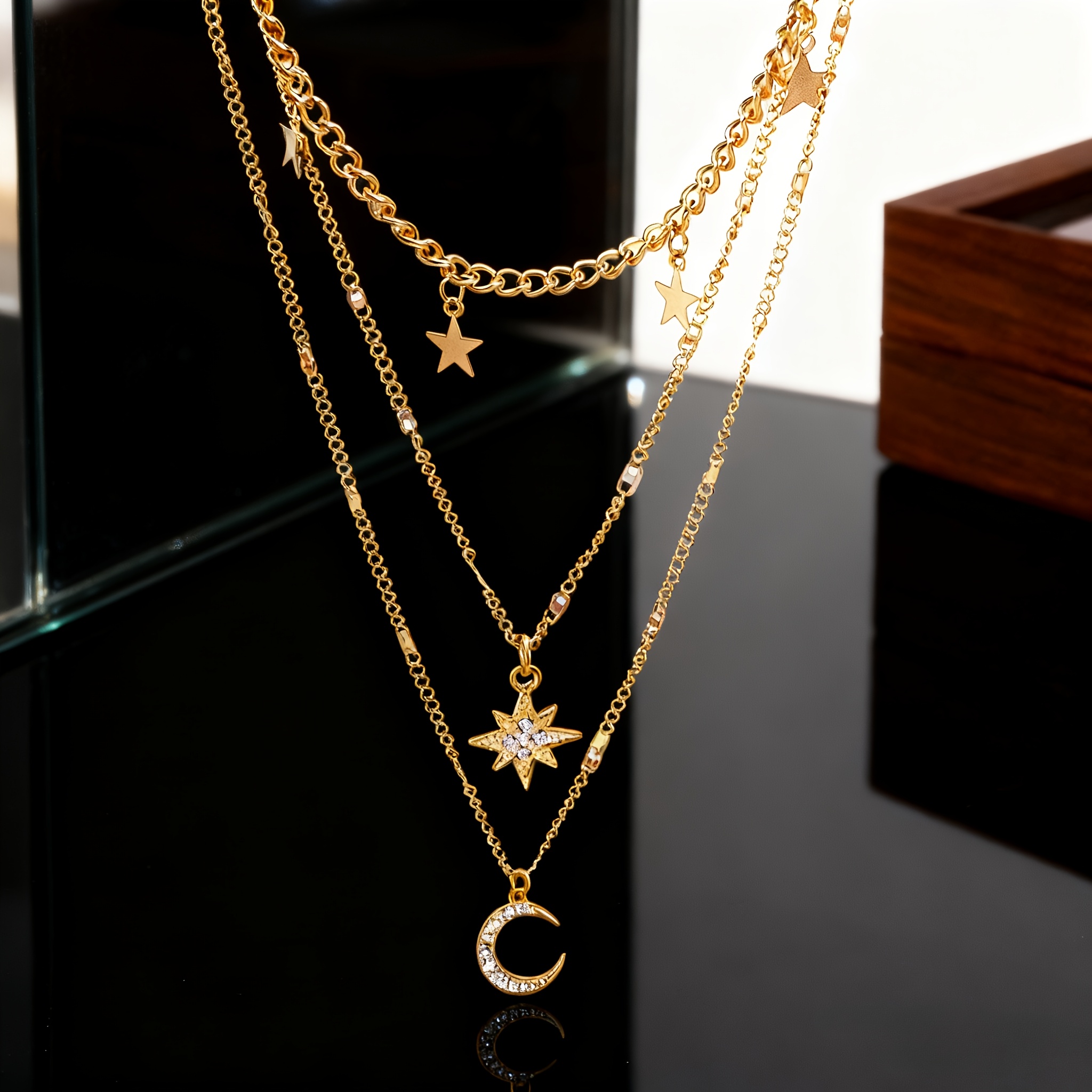 TEMU An Elegant Bohemian-style Multi-layered Golden Women's Necklace Made Of Steel With Inlaid Synthetic Synthetic Zirconia, Featuring And Moon