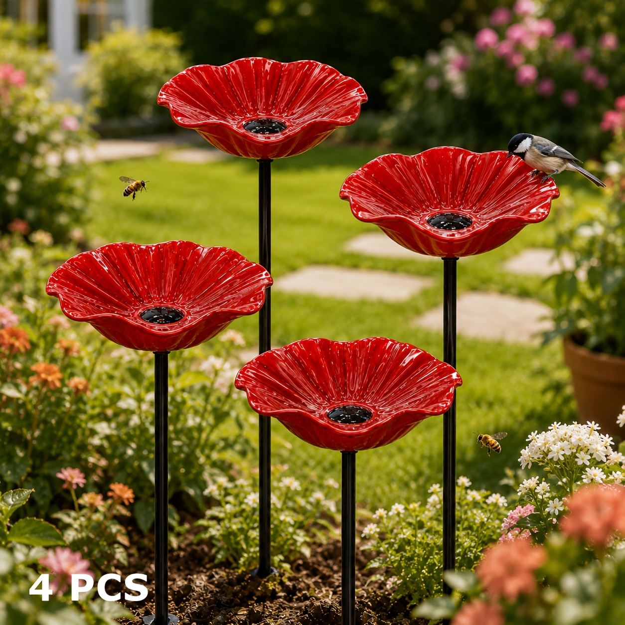 TEMU Lot de 2/4/6 - Bain d'oiseaux sur pied en métal, Bains d'eau pour oiseaux, Bain d'oiseaux fleur | Piquet de jardin de fleur, Gamelle