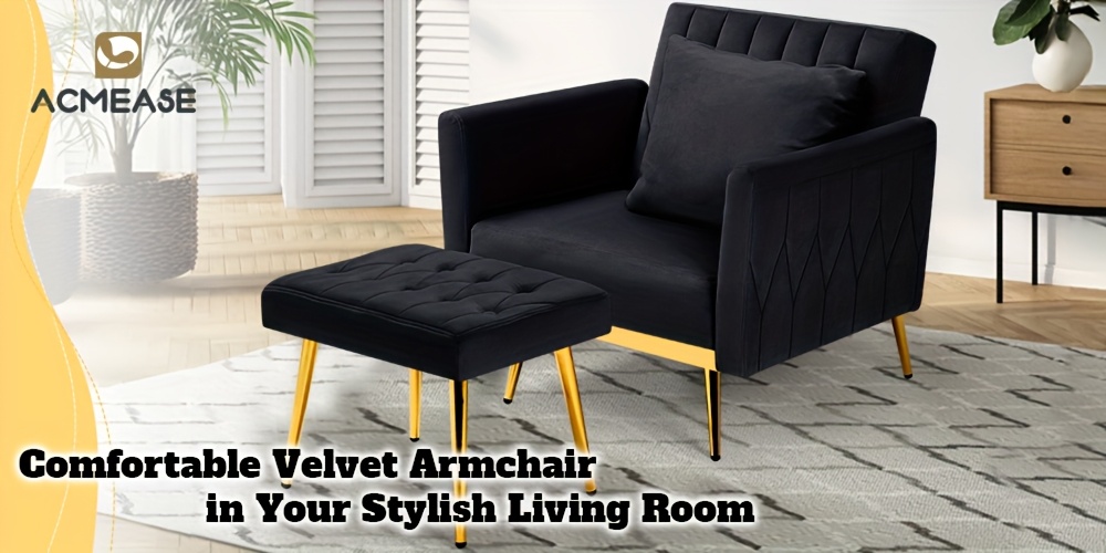 [Velvet Accent Chair] ACMEASE Velvet Single Accent Chair | Adjustable Armrests & Backrest, Button Tufted Lounge Recliner with Ottoman & Pillow for Living Room, Bedroom, Study Room