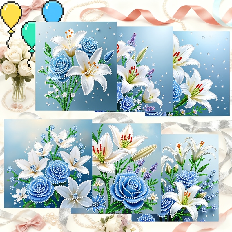 TEMU Set van 6 Diamant Schilderen Wenskaarten voor Valentijnsdag en Verjaardagen - Uniek Handgemaakt Ontwerp met Blauwe Rozen en Lelies, Perfect om