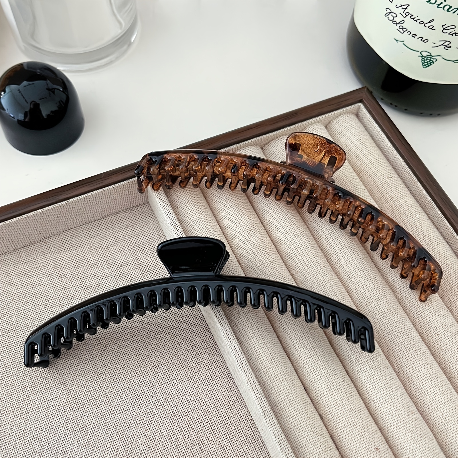 TEMU 2pcs Large Acetate Fiber Banana Hair Clips, Non-slip Vertical Ponytail Holders, Tortoiseshell Black For Women