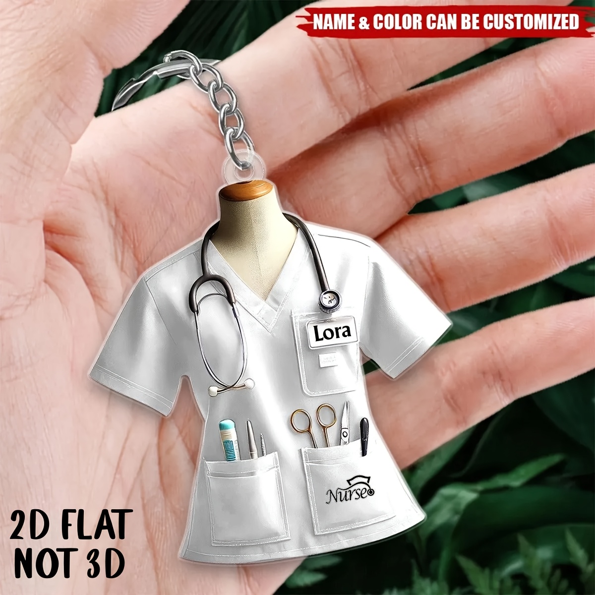 E-shop Personalisierter 2D-flacher Schlüsselanhänger mit individuellem Namen für Krankenschwester-Uniform, Geschenk für Krankenpflegeschüler, Geschenk