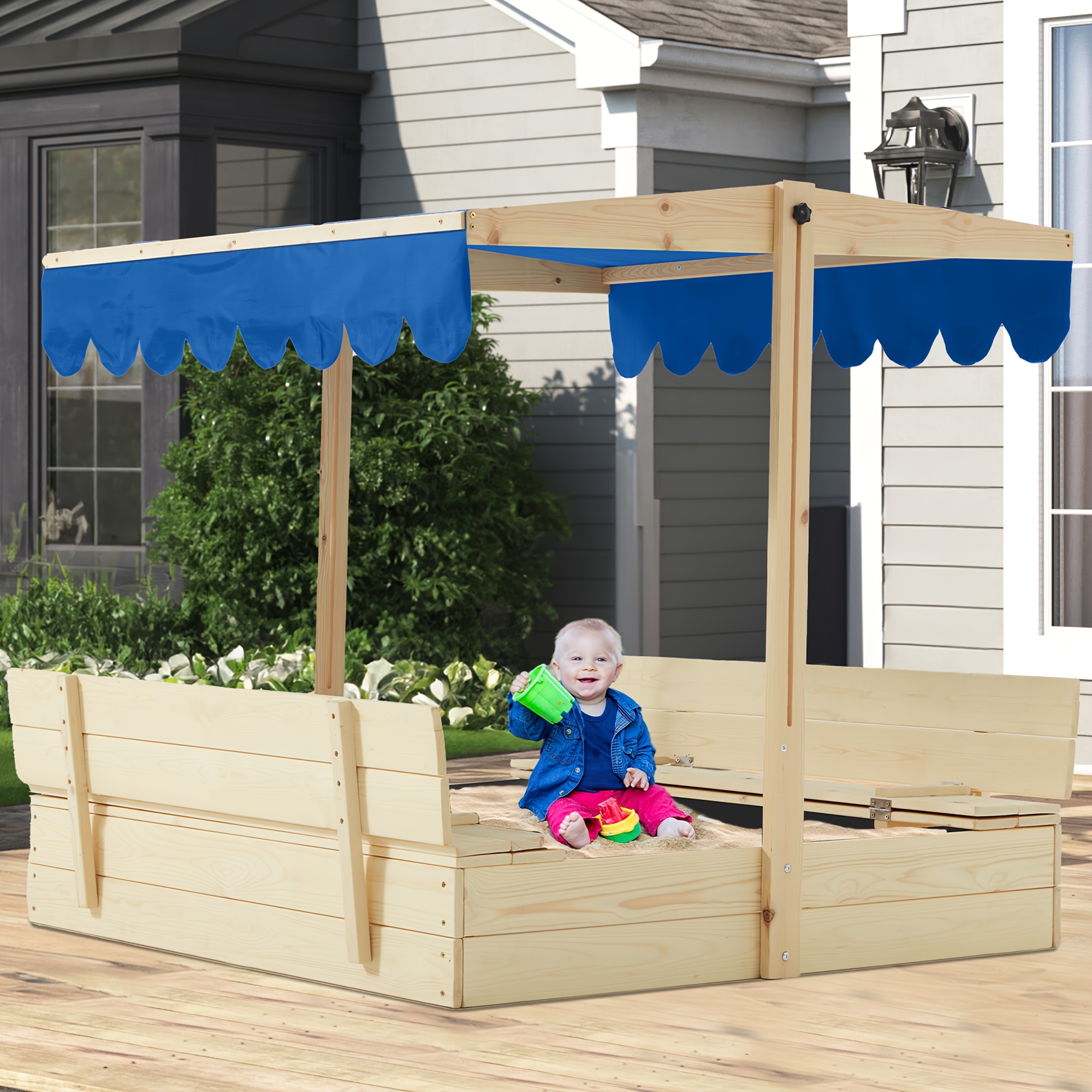 Sandbox with Lid, Kids Sandbox with Cover Outdoor, Wooden Sand Box with 2 Foldable Bench Seats, Adjustable UV-Resistant Roof & Bottom Liner, Sand Box for Kids Ages 2-8, Perfect for Backyard, Beach
