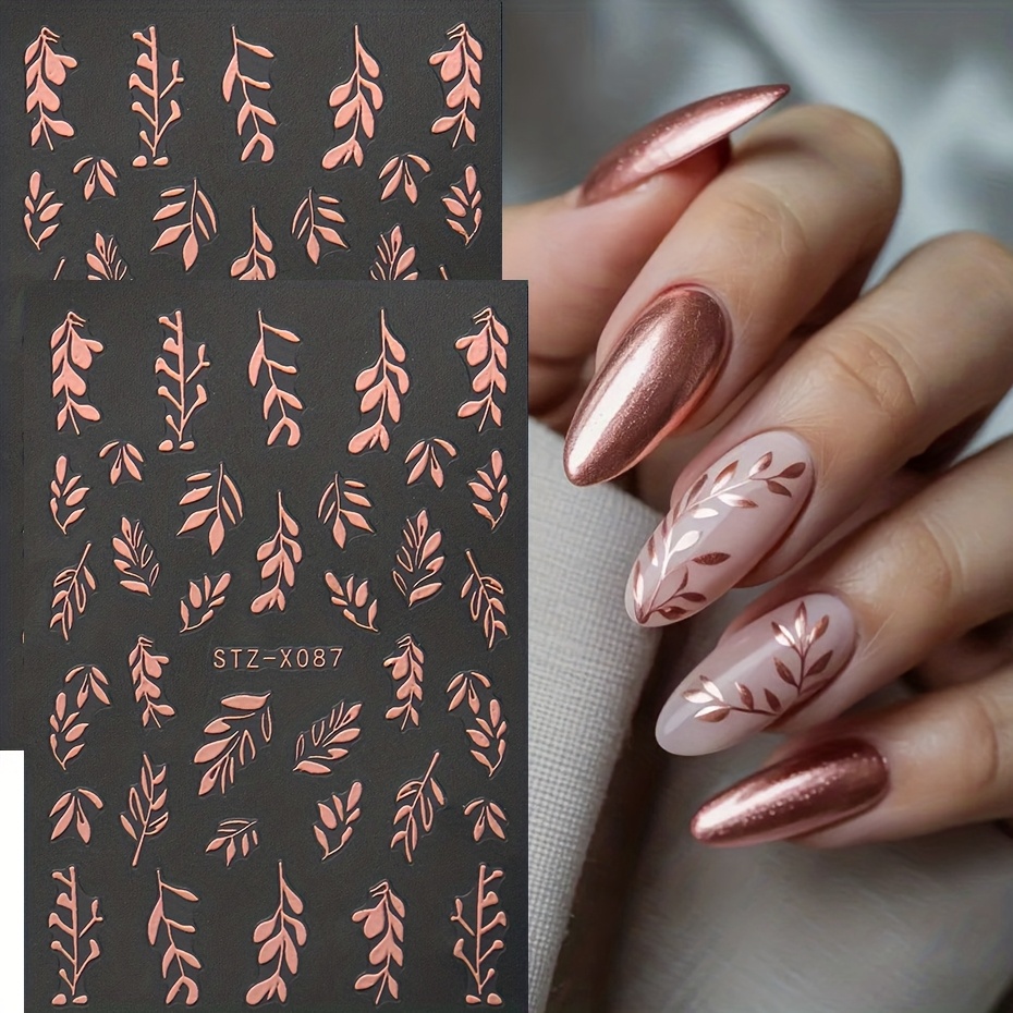 Set Of 2 Leaf-themed Nail Art Stickers Featuring Pink Roses And , Designed For Single Use. Self-adhesive Plastic Nail Decorations Are Perfect For