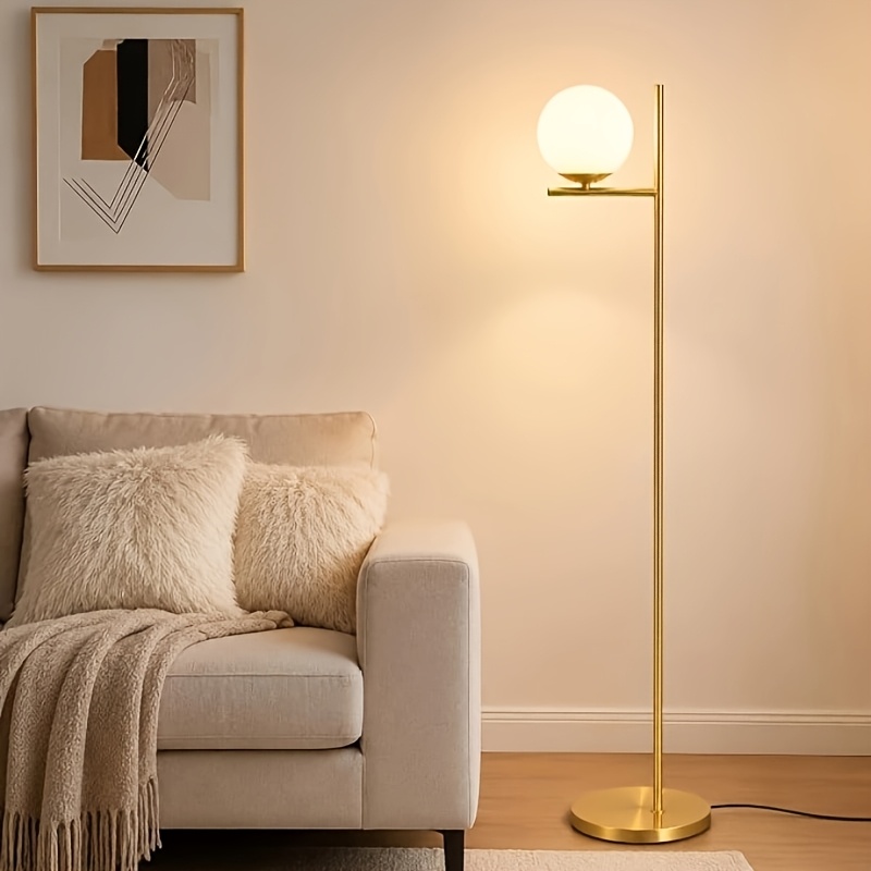 Image of 1/3-ball Floor Lamp, Golden Metal Standing Lamp With White Frosted Glass Shade, Tall Pole Light For Living Room, Bedroom, And Office, Provides Warm Ambient Lighting, Not Included