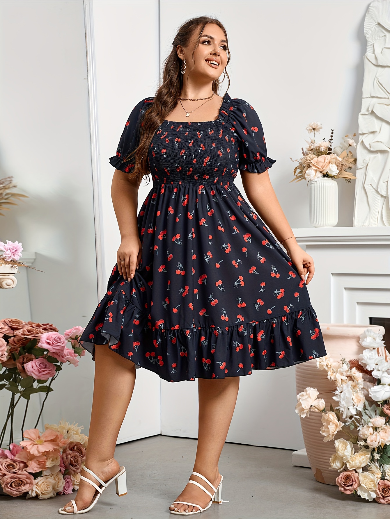 Plus Size Cherry Print Ruffle Hem Dress Elegant Square Neck Shirred Short Sleeve Dress For Spring Summer Women s Plus Size Clothing