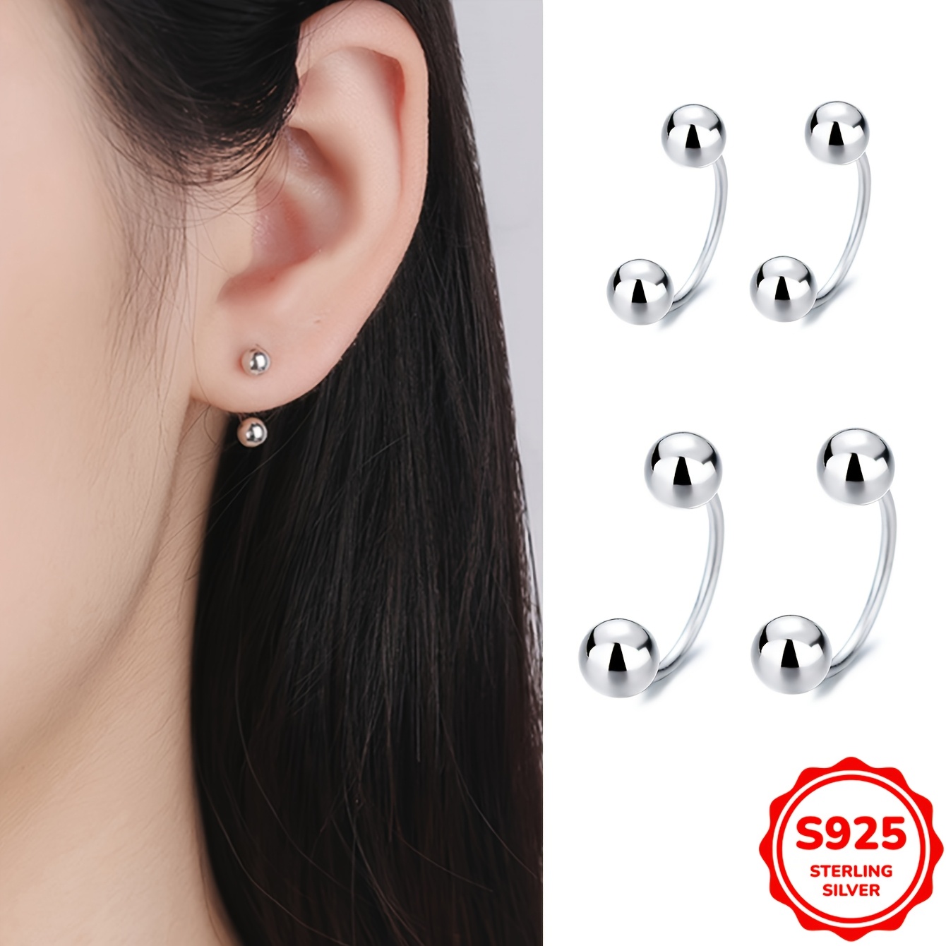 S925 Silvery Bean Round Beads Thread Earrings & Double-headed Bean Studs