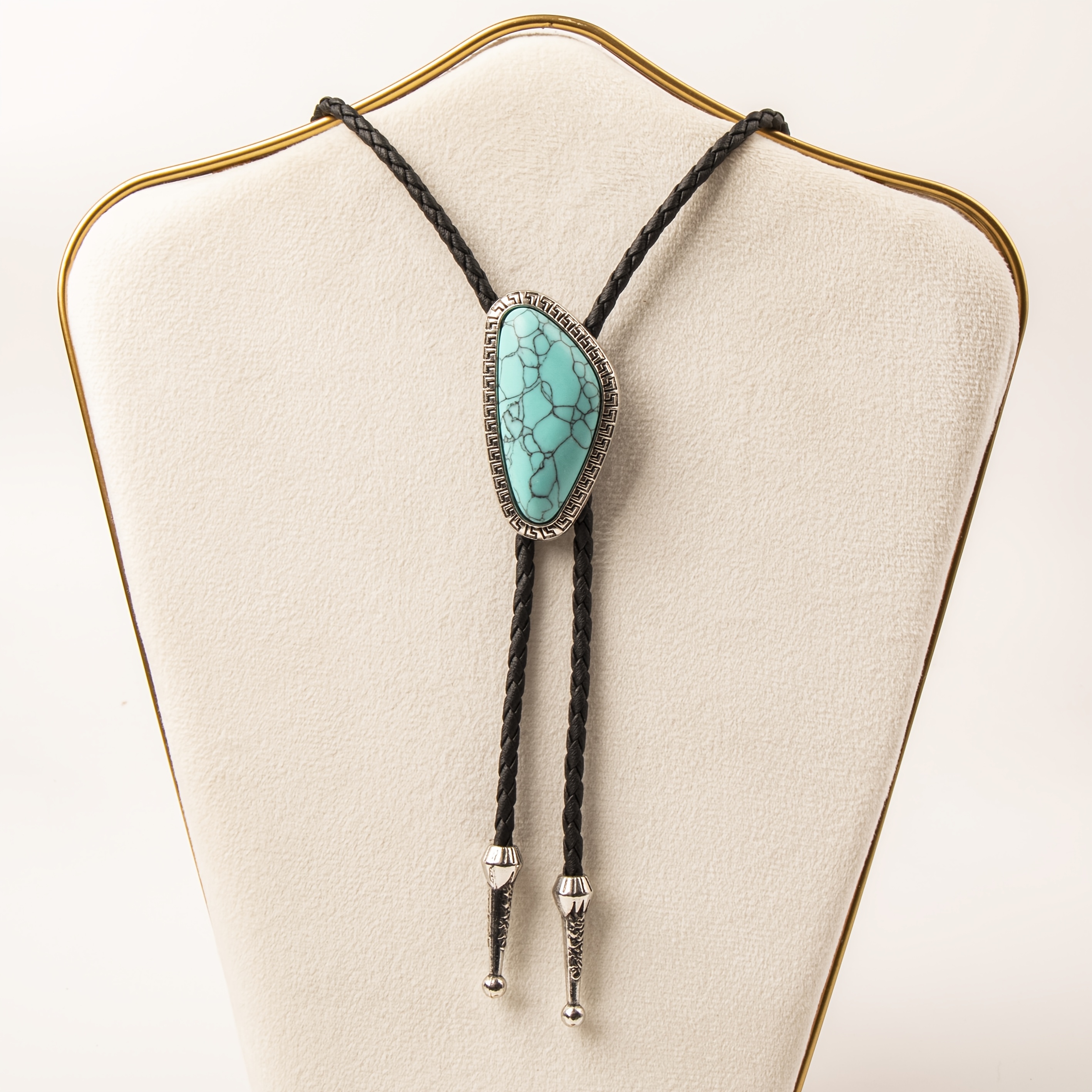 TEMU 1pc Western Cowboy Style Bolo Tie Men's Fashion Adjustable Braided Pu Leather Cord Necklace, Synthetic Turquoise/tiger Eye Pendant, Business