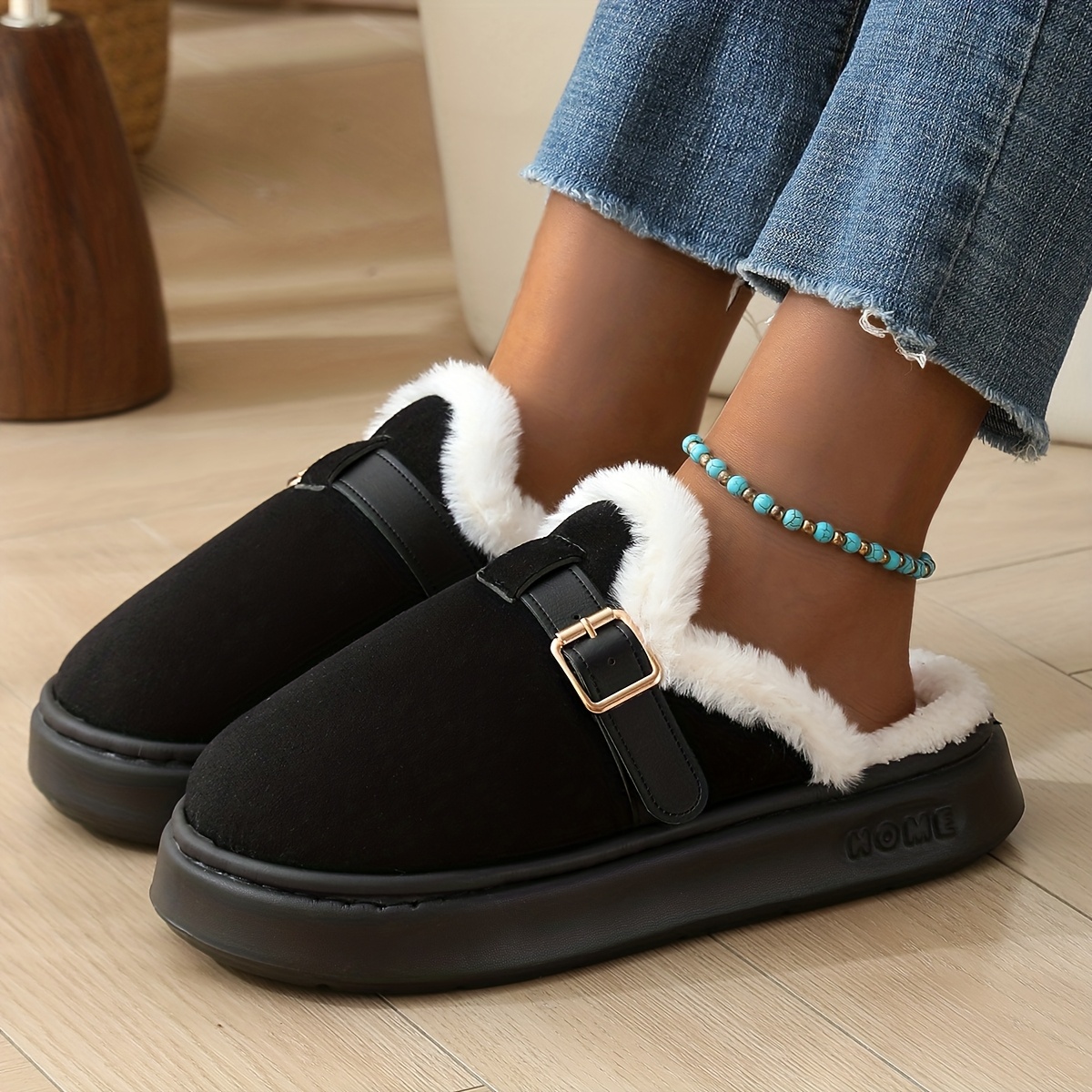 TEMU Autumn/winter Women's Elegant Plush Mirror Slippers With Decorative Design And Eva Sole, Women Shoes